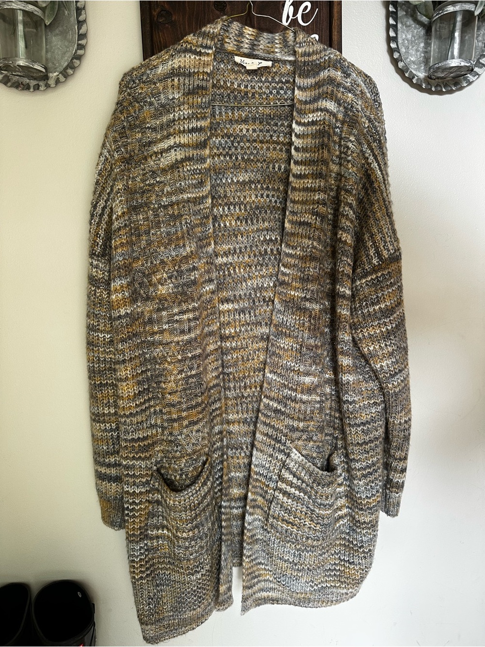 Vine & Love Open-Front Marled Cardigan - Gray & Yellow